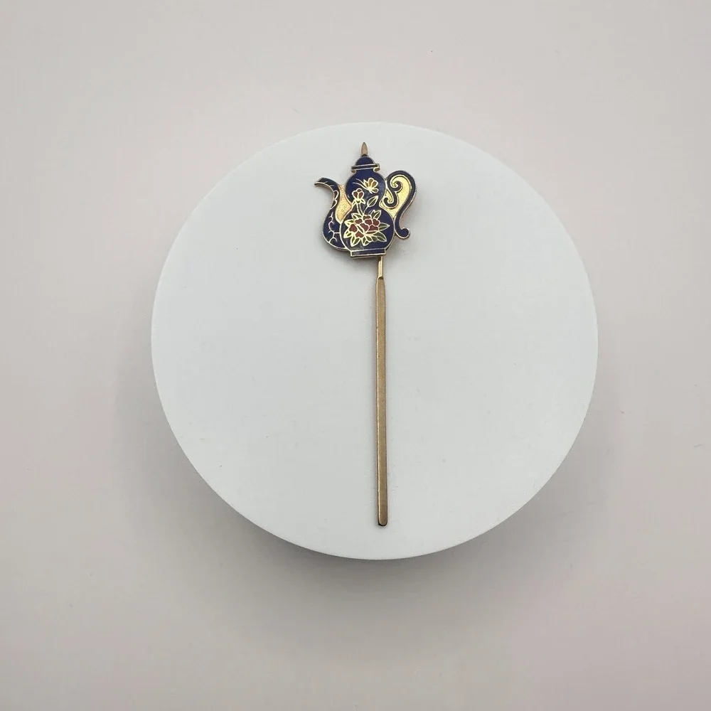 Vintage 90s Cloisonne Teapot‎ Hair Sticks Gold Tone Blue Enamel Women's Jewelry
